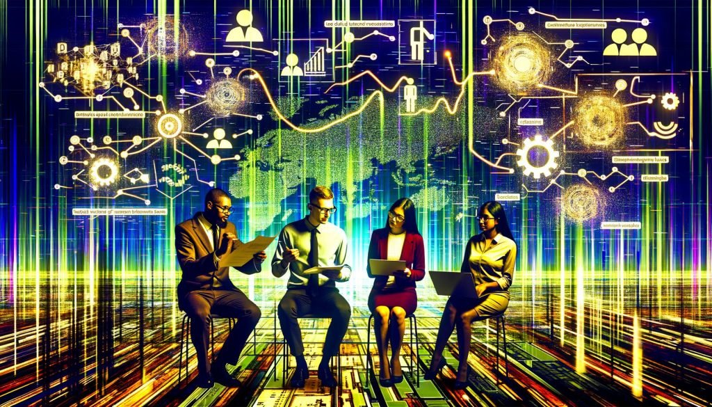 Ein stilisiertes Marketing-Team steht vor einem großen digitalen Dashboard mit Datenpunkten, Conversion-Funnels und ineinander verwobenen Tracking-Elementen sowie angedeuteten alten und neuen Analysetools im Hintergrund.