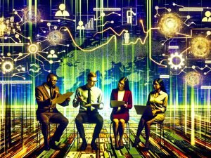 Ein stilisiertes Marketing-Team steht vor einem großen digitalen Dashboard mit Datenpunkten, Conversion-Funnels und ineinander verwobenen Tracking-Elementen sowie angedeuteten alten und neuen Analysetools im Hintergrund.
