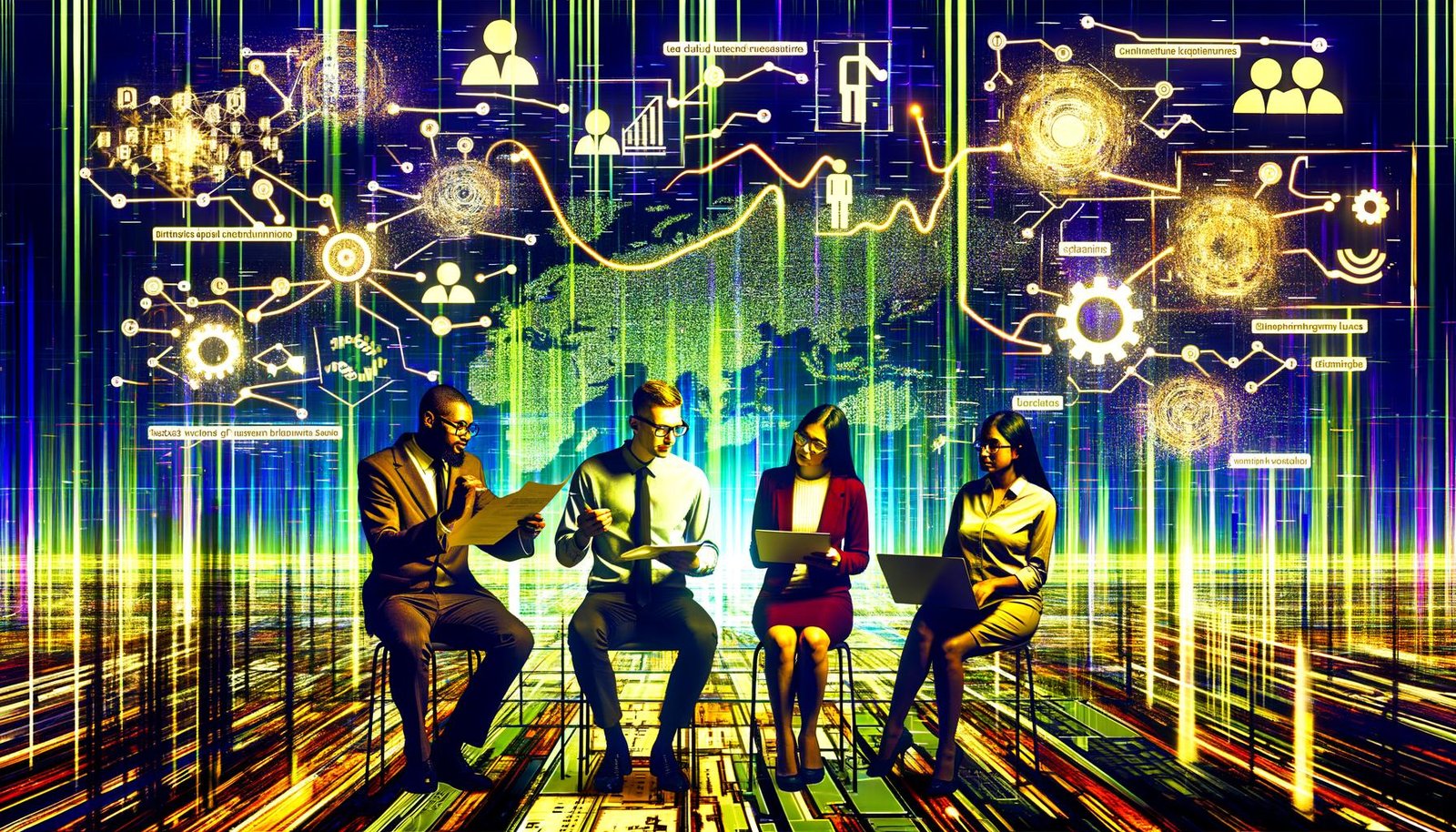 Ein stilisiertes Marketing-Team steht vor einem großen digitalen Dashboard mit Datenpunkten, Conversion-Funnels und ineinander verwobenen Tracking-Elementen sowie angedeuteten alten und neuen Analysetools im Hintergrund.