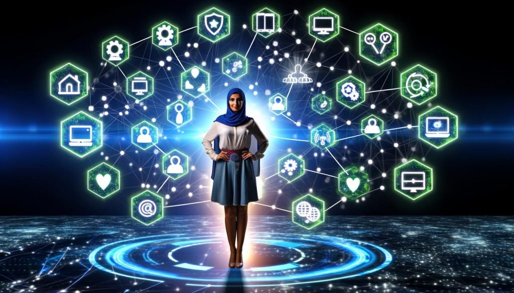 Digital Marketing Stratege im Zentrum eines Netzwerks, umgeben von Icons für Datenanalyse, Consent Management, Tag Management, Dashboards und Privatsphäre, vernetzt durch leuchtende Datenströme vor digitalen Geräten.