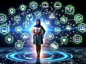 Digital Marketing Stratege im Zentrum eines Netzwerks, umgeben von Icons für Datenanalyse, Consent Management, Tag Management, Dashboards und Privatsphäre, vernetzt durch leuchtende Datenströme vor digitalen Geräten.