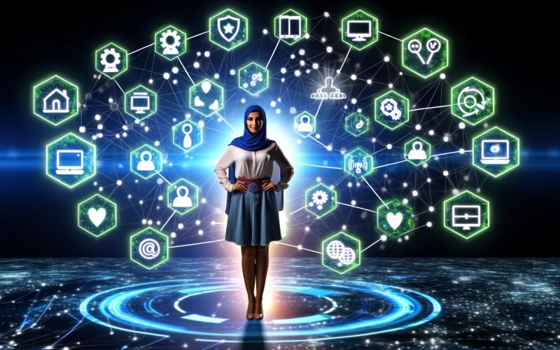 Digital Marketing Stratege im Zentrum eines Netzwerks, umgeben von Icons für Datenanalyse, Consent Management, Tag Management, Dashboards und Privatsphäre, vernetzt durch leuchtende Datenströme vor digitalen Geräten.