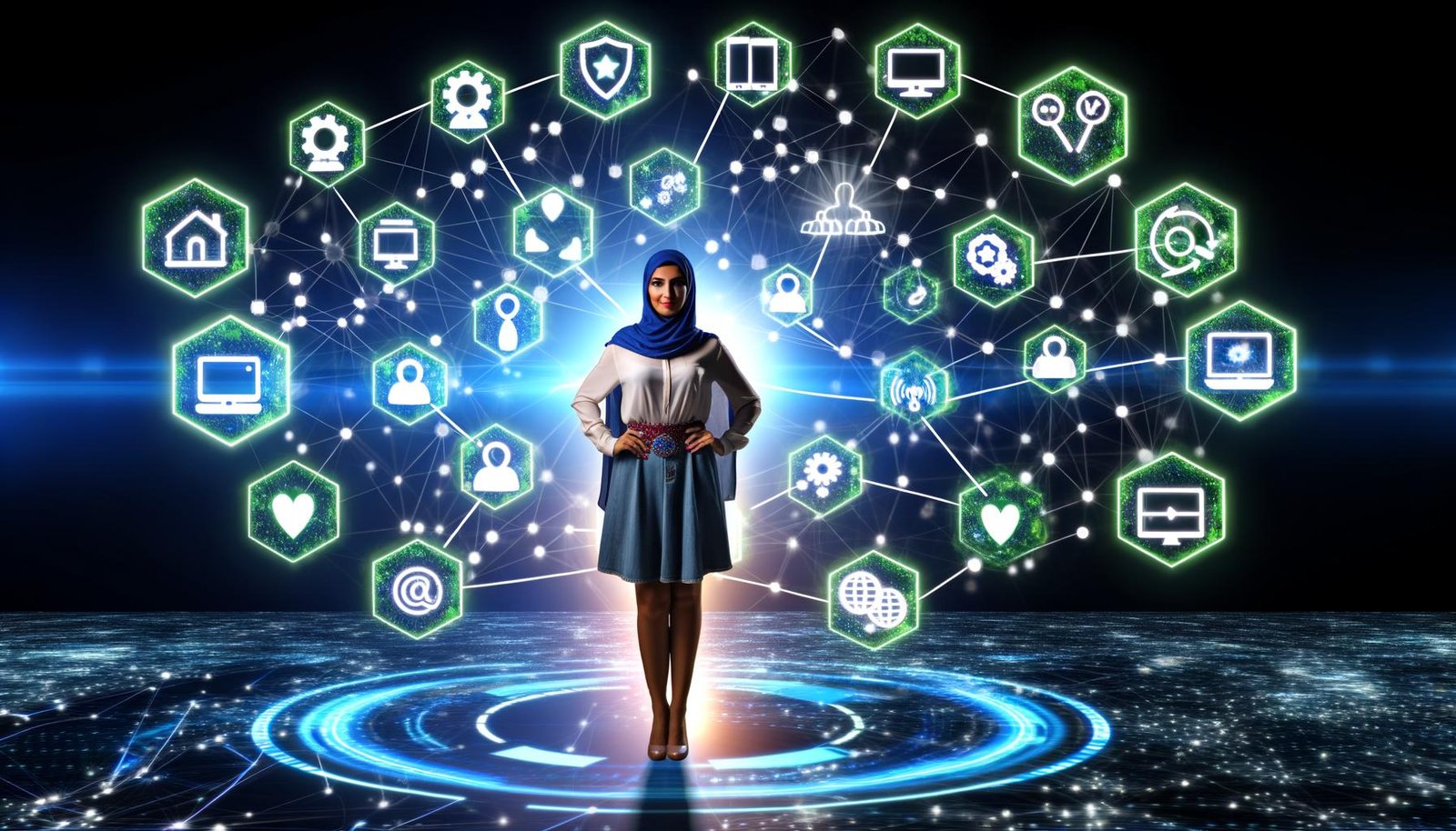 Digital Marketing Stratege im Zentrum eines Netzwerks, umgeben von Icons für Datenanalyse, Consent Management, Tag Management, Dashboards und Privatsphäre, vernetzt durch leuchtende Datenströme vor digitalen Geräten.