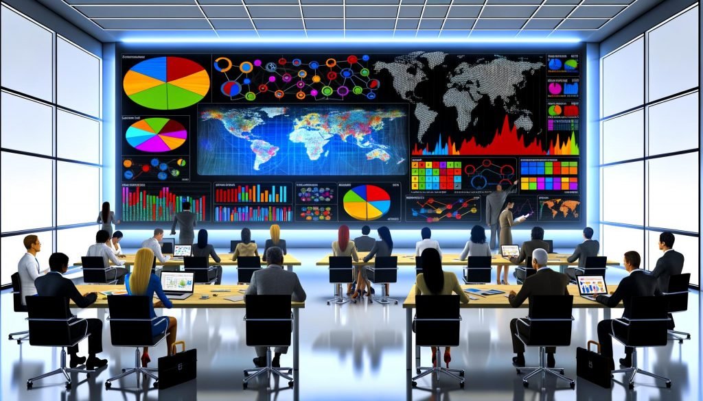 Analysten, Marketers und Entscheider besprechen ein großes interaktives Dashboard in moderner Büroumgebung mit Heatmaps, Diagrammen und synchronisierten Geräten.