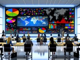 Analysten, Marketers und Entscheider besprechen ein großes interaktives Dashboard in moderner Büroumgebung mit Heatmaps, Diagrammen und synchronisierten Geräten.