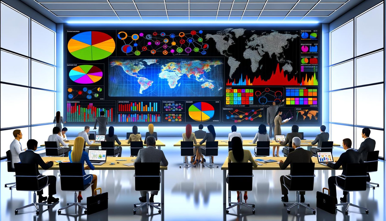 Analysten, Marketers und Entscheider besprechen ein großes interaktives Dashboard in moderner Büroumgebung mit Heatmaps, Diagrammen und synchronisierten Geräten.