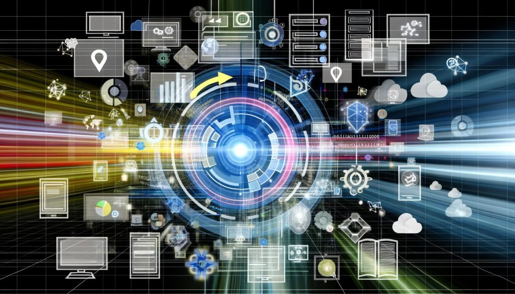 Technische Collage eines modernen Online-Marketing-Dashboards mit leuchtenden Diagrammen, Server-Racks, Consent-Popups, Tag-Manager-Icons, Event-Trackings und stilisierten User-Journeys in futuristischem Design.