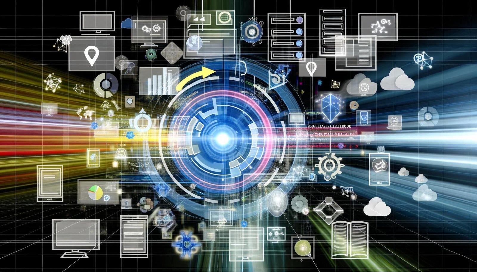 Technische Collage eines modernen Online-Marketing-Dashboards mit leuchtenden Diagrammen, Server-Racks, Consent-Popups, Tag-Manager-Icons, Event-Trackings und stilisierten User-Journeys in futuristischem Design.