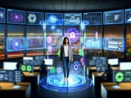 Junger digitaler Marketer in einem modernen Kontrollzentrum mit leuchtenden Datenbildschirmen, holografischen Werbebannern, KI-Analyse und Blick auf Zukunftsstadt bei Nacht.