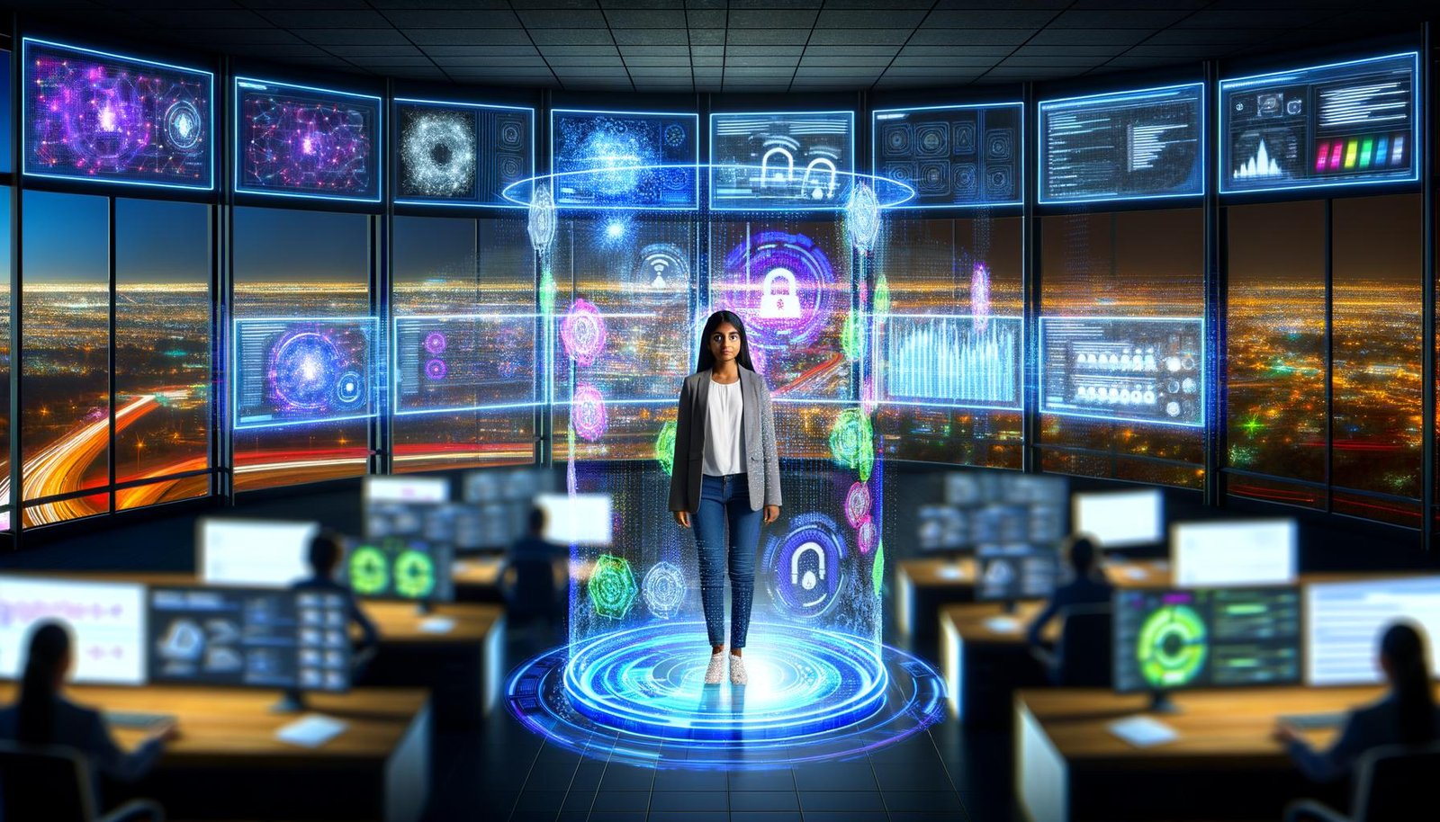 Junger digitaler Marketer in einem modernen Kontrollzentrum mit leuchtenden Datenbildschirmen, holografischen Werbebannern, KI-Analyse und Blick auf Zukunftsstadt bei Nacht.