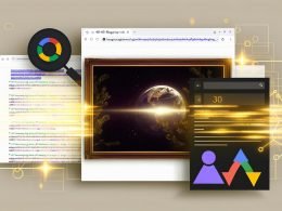 Dynamische Bildcollage mit Website-Mockup, SEO-Optimierungen wie HTML-ALT-Tag, Bildformat-Symbolen und Google Images-Logo mit Ranking-Pfeilen im Fokus. Im Hintergrund ein verborgenes, unscharfes Stockbild und im Vordergrund scharfe, hervorgehobene Bilder.