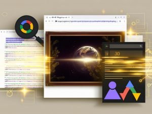 Dynamische Bildcollage mit Website-Mockup, SEO-Optimierungen wie HTML-ALT-Tag, Bildformat-Symbolen und Google Images-Logo mit Ranking-Pfeilen im Fokus. Im Hintergrund ein verborgenes, unscharfes Stockbild und im Vordergrund scharfe, hervorgehobene Bilder.