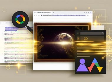 Dynamische Bildcollage mit Website-Mockup, SEO-Optimierungen wie HTML-ALT-Tag, Bildformat-Symbolen und Google Images-Logo mit Ranking-Pfeilen im Fokus. Im Hintergrund ein verborgenes, unscharfes Stockbild und im Vordergrund scharfe, hervorgehobene Bilder.