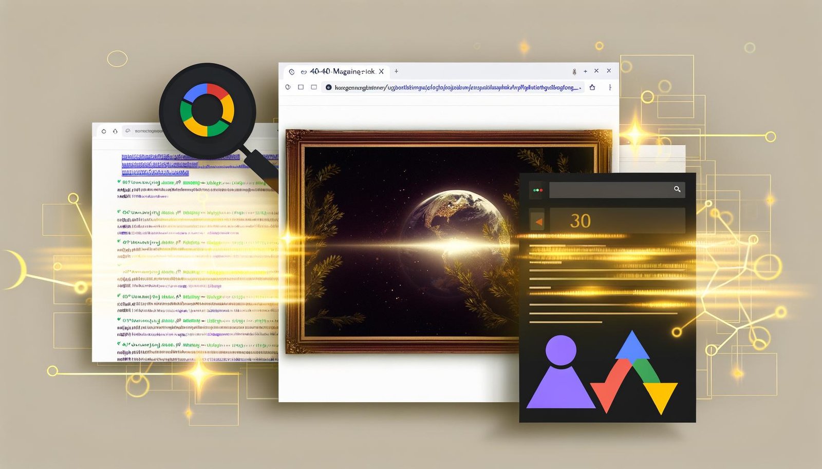 Dynamische Bildcollage mit Website-Mockup, SEO-Optimierungen wie HTML-ALT-Tag, Bildformat-Symbolen und Google Images-Logo mit Ranking-Pfeilen im Fokus. Im Hintergrund ein verborgenes, unscharfes Stockbild und im Vordergrund scharfe, hervorgehobene Bilder.
