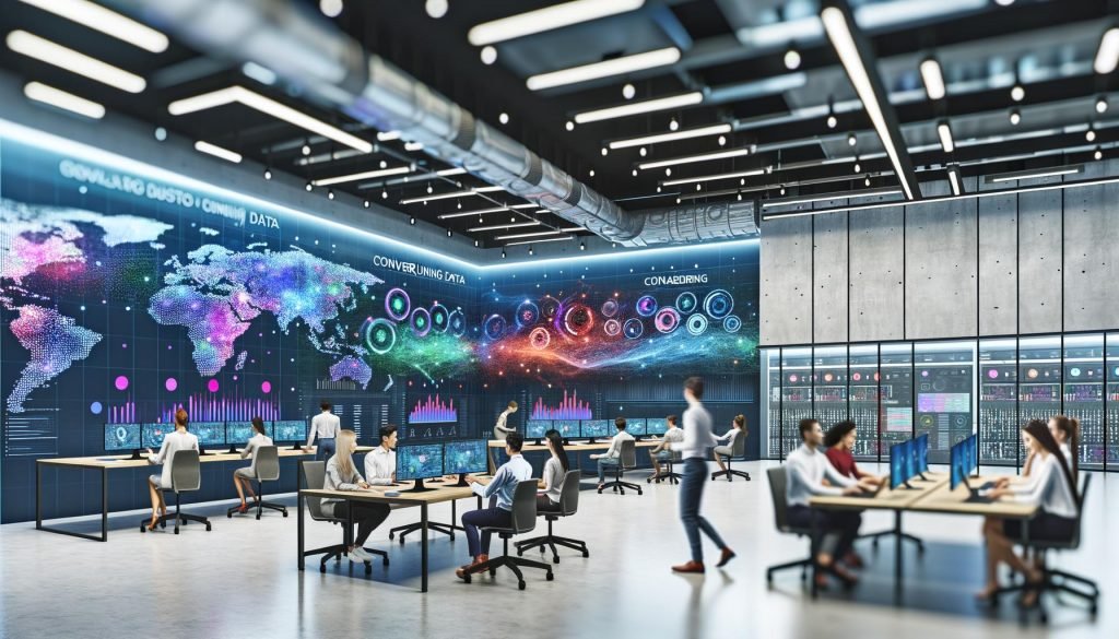 Junges, diverses Team arbeitet kollaborativ an großen interaktiven Bildschirmen voller farbenfroher Datenvisualisierungen, umgeben von einer innovativen Atmosphäre und Echtzeit-Daten an der digitalen Wand.