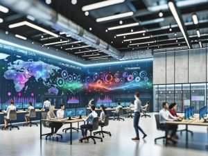Junges, diverses Team arbeitet kollaborativ an großen interaktiven Bildschirmen voller farbenfroher Datenvisualisierungen, umgeben von einer innovativen Atmosphäre und Echtzeit-Daten an der digitalen Wand.