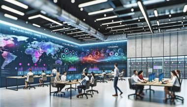 Junges, diverses Team arbeitet kollaborativ an großen interaktiven Bildschirmen voller farbenfroher Datenvisualisierungen, umgeben von einer innovativen Atmosphäre und Echtzeit-Daten an der digitalen Wand.