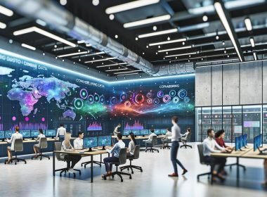 Junges, diverses Team arbeitet kollaborativ an großen interaktiven Bildschirmen voller farbenfroher Datenvisualisierungen, umgeben von einer innovativen Atmosphäre und Echtzeit-Daten an der digitalen Wand.