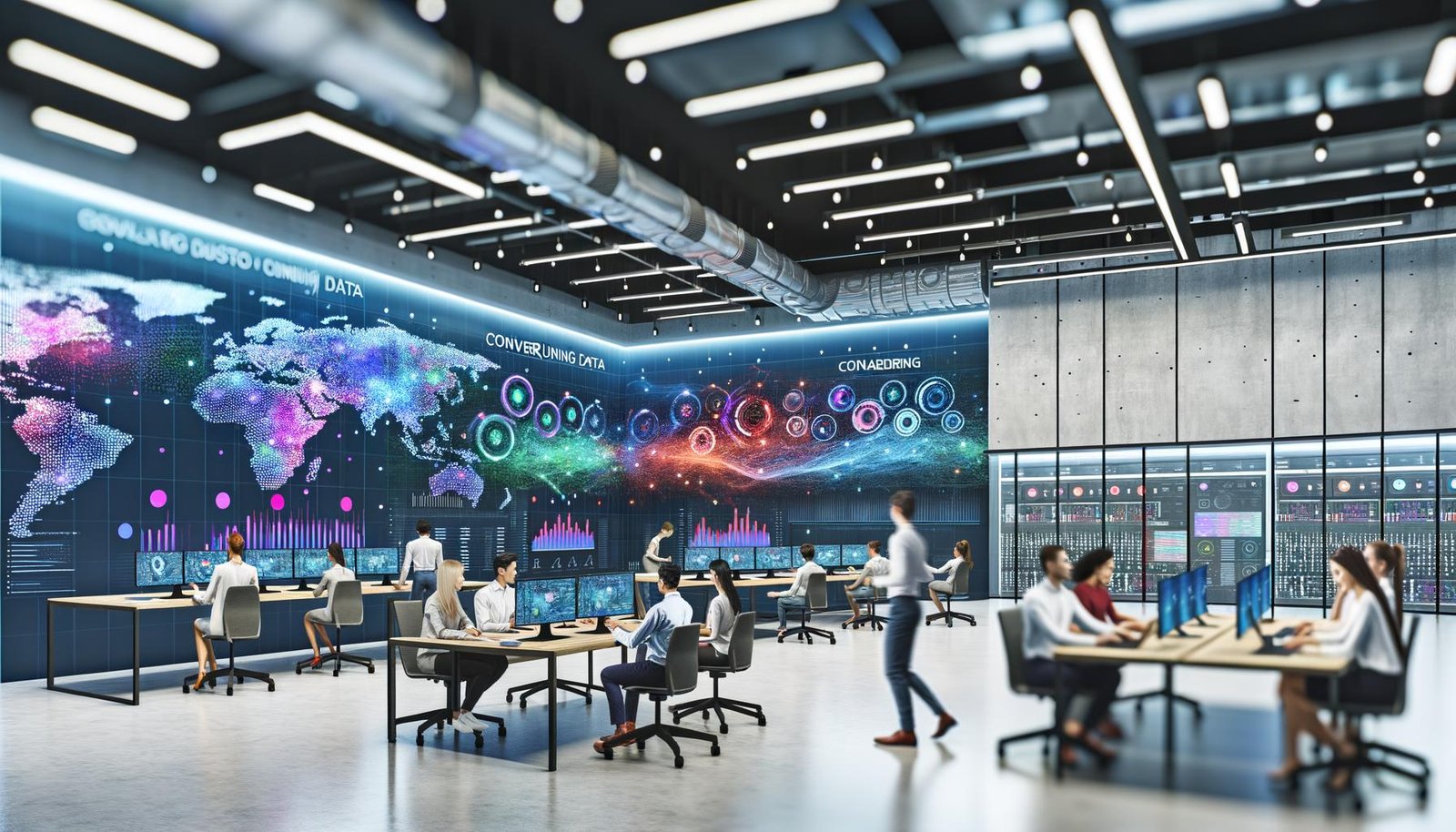 Junges, diverses Team arbeitet kollaborativ an großen interaktiven Bildschirmen voller farbenfroher Datenvisualisierungen, umgeben von einer innovativen Atmosphäre und Echtzeit-Daten an der digitalen Wand.