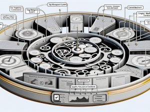 Illustration eines komplexen Marketing-Kontrollzentrums mit Zahnrädern für Tag-Management, Analytik, Data Layer, Consent-Banner, QA-Checklisten und vernetzte Dashboards, inspiriert von einem Schweizer Uhrwerk in moderner, futuristischer Umgebung.