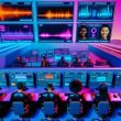 Team von Digital Creators arbeitet in einem neonbeleuchteten, cyberpunk-inspirierten Workspace, nutzt KI-Voiceover-Tools und Echtzeit-Analytics für Social Video.