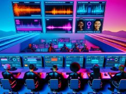 Team von Digital Creators arbeitet in einem neonbeleuchteten, cyberpunk-inspirierten Workspace, nutzt KI-Voiceover-Tools und Echtzeit-Analytics für Social Video.