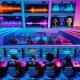 Team von Digital Creators arbeitet in einem neonbeleuchteten, cyberpunk-inspirierten Workspace, nutzt KI-Voiceover-Tools und Echtzeit-Analytics für Social Video.