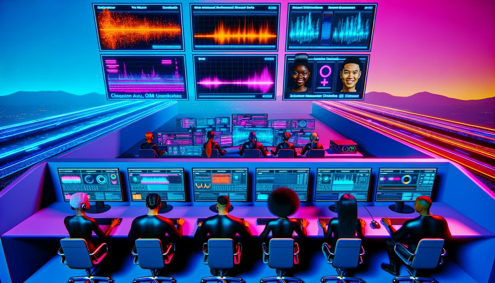 Team von Digital Creators arbeitet in einem neonbeleuchteten, cyberpunk-inspirierten Workspace, nutzt KI-Voiceover-Tools und Echtzeit-Analytics für Social Video.