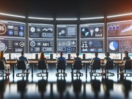 Hightech-Kontrollraum mit Marketers und Analysten vor Bildschirmen mit Live-Daten, Conversion-Charts, A/B-Test-Ergebnissen und einem leuchtenden Taboola-Logo.
