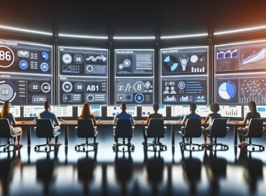Hightech-Kontrollraum mit Marketers und Analysten vor Bildschirmen mit Live-Daten, Conversion-Charts, A/B-Test-Ergebnissen und einem leuchtenden Taboola-Logo.