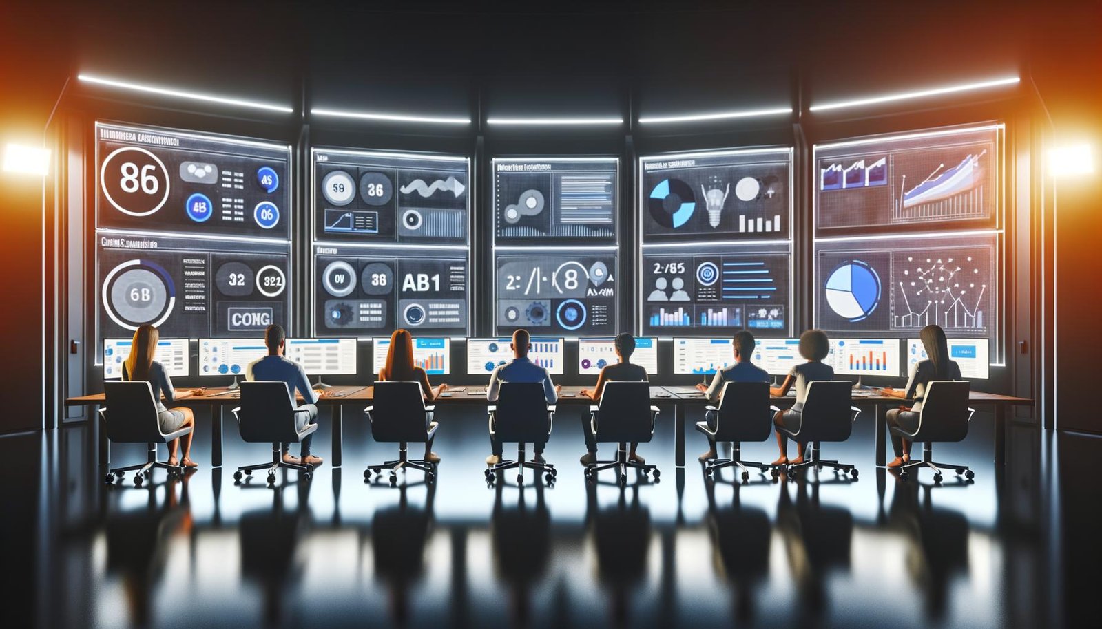 Hightech-Kontrollraum mit Marketers und Analysten vor Bildschirmen mit Live-Daten, Conversion-Charts, A/B-Test-Ergebnissen und einem leuchtenden Taboola-Logo.