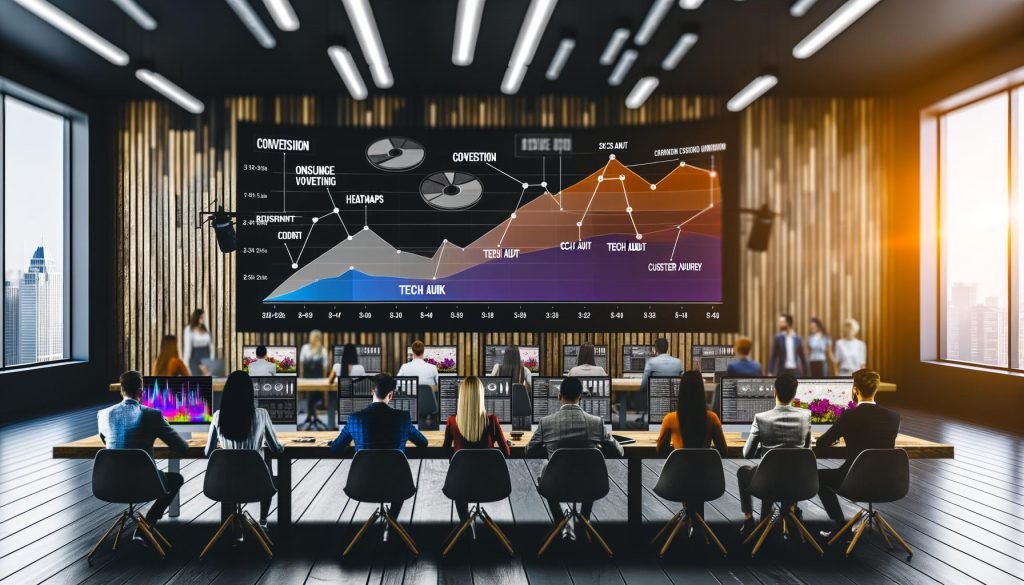 Dynamisches Online-Marketing-Team in modernem Start-up-Büro mit Monitoren, die Umsatzdiagramme, Heatmaps, Conversion-Funnel und SEO-Begriffe zeigen.