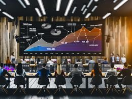 Dynamisches Online-Marketing-Team in modernem Start-up-Büro mit Monitoren, die Umsatzdiagramme, Heatmaps, Conversion-Funnel und SEO-Begriffe zeigen.