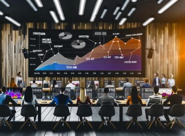 Dynamisches Online-Marketing-Team in modernem Start-up-Büro mit Monitoren, die Umsatzdiagramme, Heatmaps, Conversion-Funnel und SEO-Begriffe zeigen.