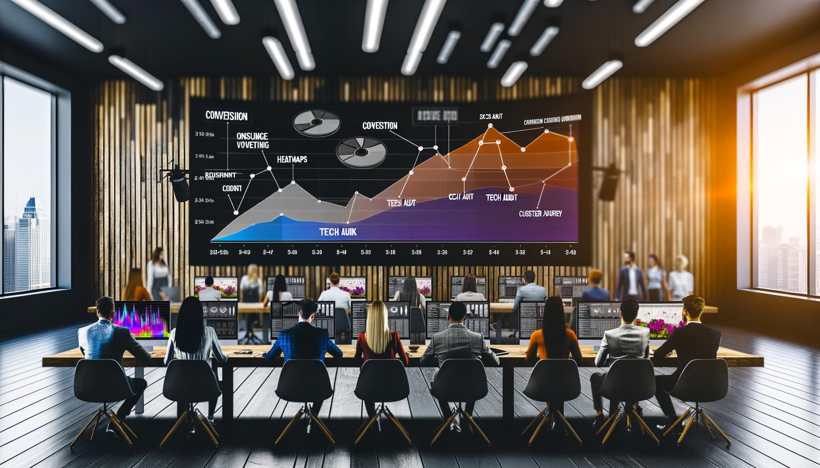 Dynamisches Online-Marketing-Team in modernem Start-up-Büro mit Monitoren, die Umsatzdiagramme, Heatmaps, Conversion-Funnel und SEO-Begriffe zeigen.