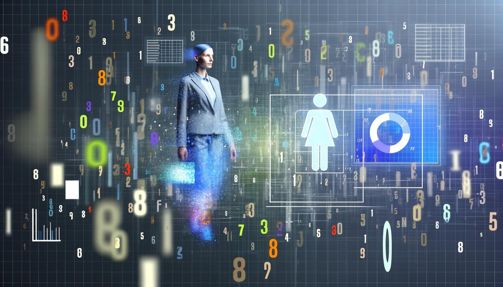 Modernes, minimalistisches Titelbild: Person in Business Casual schwimmt im abstrakten Datenmeer und fokussiert eine leuchtende Datenvisualisierung vor unscharfen Zahlenreihen. Kühle Töne mit Neon-Akzenten.