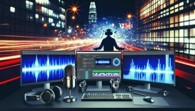 Moderner Content-Creator vor großen Monitoren mit YouTube-Analysen, Trending Sounds, Aufrufzahlen sowie Mikrofon, Kopfhörern und Video-Editing-Software in einem digitalen, urbanen Studio.