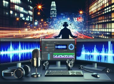 Moderner Content-Creator vor großen Monitoren mit YouTube-Analysen, Trending Sounds, Aufrufzahlen sowie Mikrofon, Kopfhörern und Video-Editing-Software in einem digitalen, urbanen Studio.
