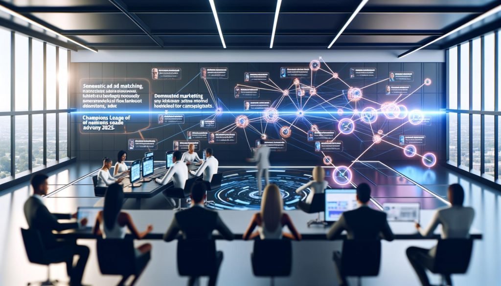 Marketer analysieren in einer digitalen Hightech-Redaktion vernetzte Daten, semantische Keyword-Grafen und Taboola Native Ads vor holografischen Overlays.