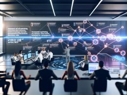 Marketer analysieren in einer digitalen Hightech-Redaktion vernetzte Daten, semantische Keyword-Grafen und Taboola Native Ads vor holografischen Overlays.