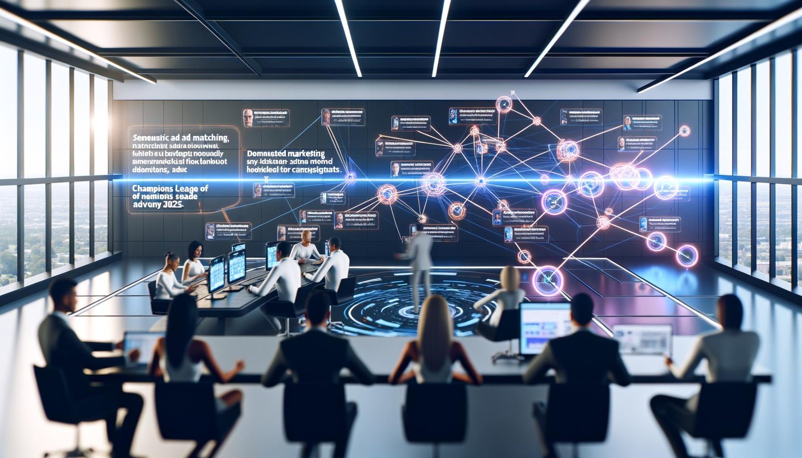 Marketer analysieren in einer digitalen Hightech-Redaktion vernetzte Daten, semantische Keyword-Grafen und Taboola Native Ads vor holografischen Overlays.