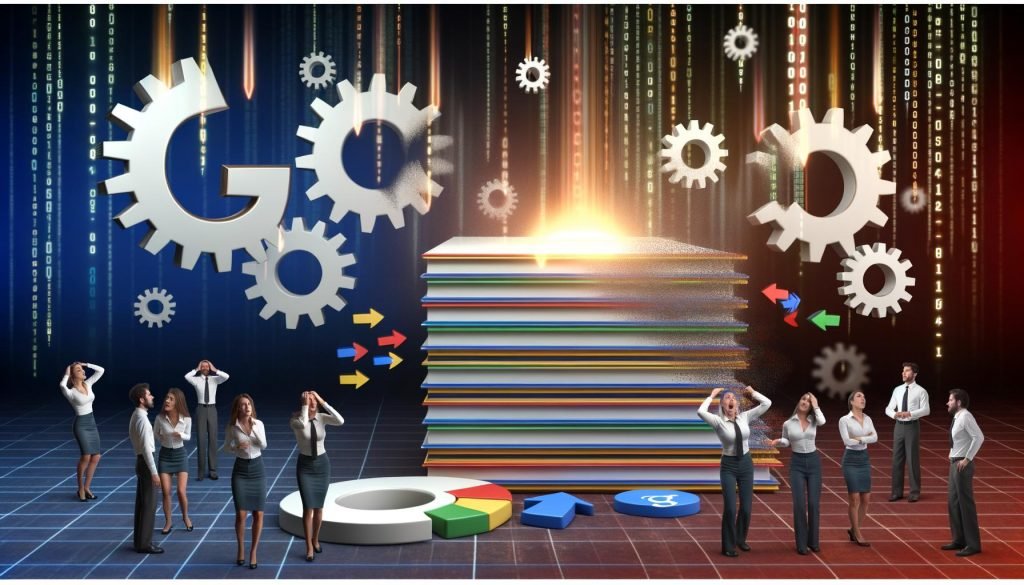 Suchergebnisseite stürzt als Kartenhaus ein, umgeben von großen Zahnrädern und leuchtendem Google-Algorithmus-Code. SEO-Profis stehen überrascht am Rand, Ranking-Pfeile bewegen sich auf und ab.