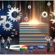 Suchergebnisseite stürzt als Kartenhaus ein, umgeben von großen Zahnrädern und leuchtendem Google-Algorithmus-Code. SEO-Profis stehen überrascht am Rand, Ranking-Pfeile bewegen sich auf und ab.
