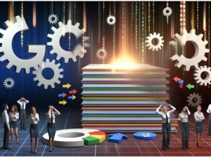 Suchergebnisseite stürzt als Kartenhaus ein, umgeben von großen Zahnrädern und leuchtendem Google-Algorithmus-Code. SEO-Profis stehen überrascht am Rand, Ranking-Pfeile bewegen sich auf und ab.