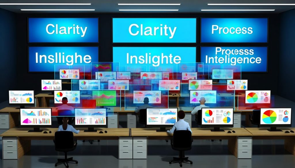 Moderne, hektische Büroszene mit großen Monitoren voller bunter und verwirrender Dashboards. Gestresste und ratlose Mitarbeiter, digitale Schlagworte an der Wand.