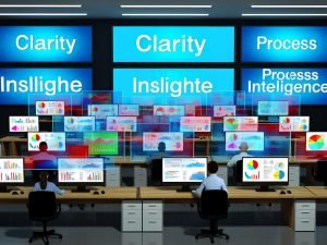 Moderne, hektische Büroszene mit großen Monitoren voller bunter und verwirrender Dashboards. Gestresste und ratlose Mitarbeiter, digitale Schlagworte an der Wand.