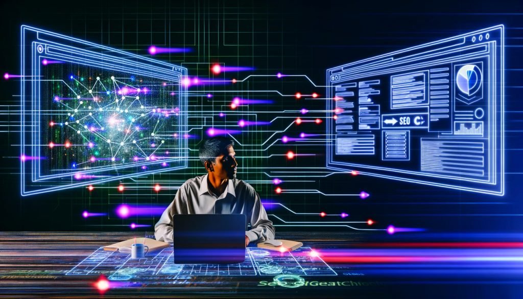 Entschlossene Person arbeitet am Laptop mit großen Monitoren voller SEO-Diagramme, Dashboards und digital verknüpften Keywords im Hintergrund.