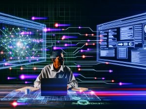 Entschlossene Person arbeitet am Laptop mit großen Monitoren voller SEO-Diagramme, Dashboards und digital verknüpften Keywords im Hintergrund.