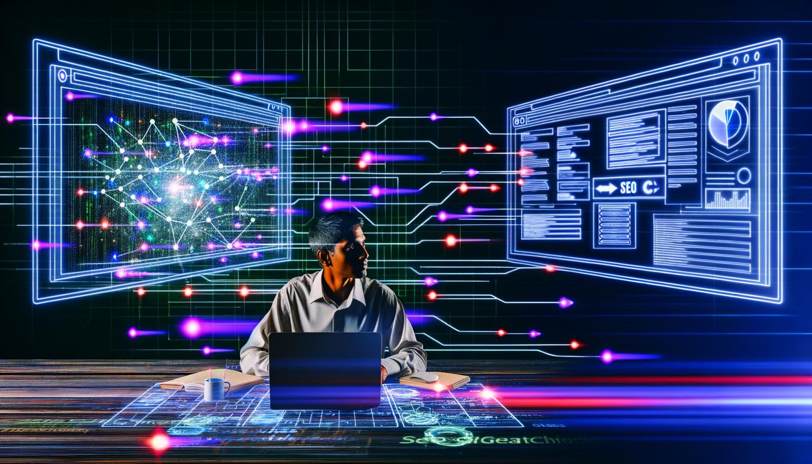 Entschlossene Person arbeitet am Laptop mit großen Monitoren voller SEO-Diagramme, Dashboards und digital verknüpften Keywords im Hintergrund.