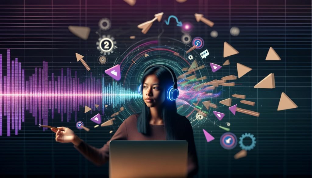 Illustration einer jungen Creatorin mit Kopfhörern, Laptop und Smartphone, umgeben von Soundwellen und YouTube-Shorts-Symbolen vor digitalen Diagrammen.